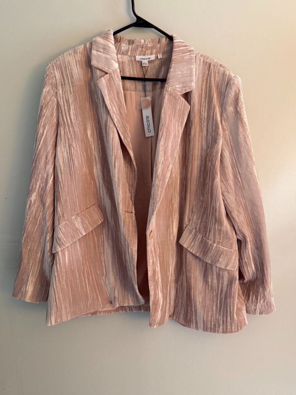 Chico's Crushed Velvet Blazer Blush Pink Rose Gold Long Sleeve Size 3.5 XL